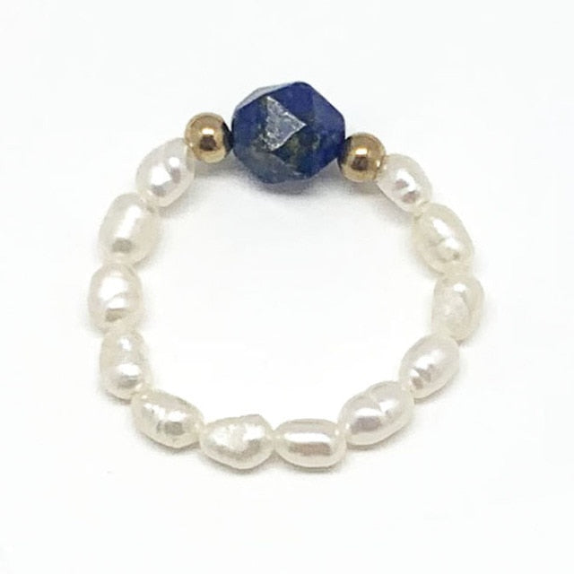 Bohemian Handmade Natural Stone Freshwater Pearl Rings Women with Stainless Steel Bead Stretch Rope Wedding Ring Adjustable daiiibabyyy