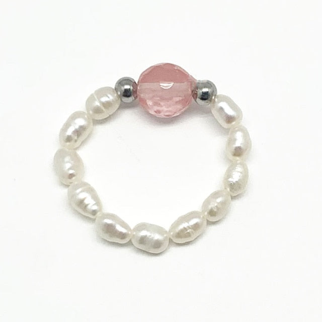 Bohemian Handmade Natural Stone Freshwater Pearl Rings Women with Stainless Steel Bead Stretch Rope Wedding Ring Adjustable daiiibabyyy