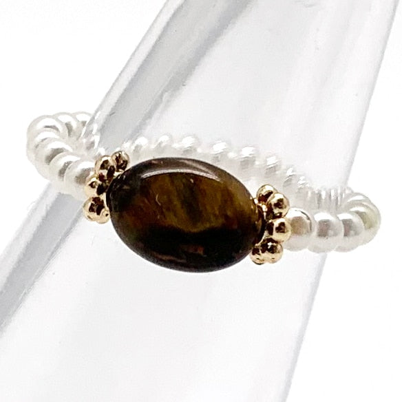 Bohemian Handmade Natural Stone Freshwater Pearl Rings Women with Stainless Steel Bead Stretch Rope Wedding Ring Adjustable daiiibabyyy
