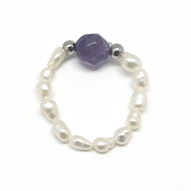 Bohemian Handmade Natural Stone Freshwater Pearl Rings Women with Stainless Steel Bead Stretch Rope Wedding Ring Adjustable daiiibabyyy