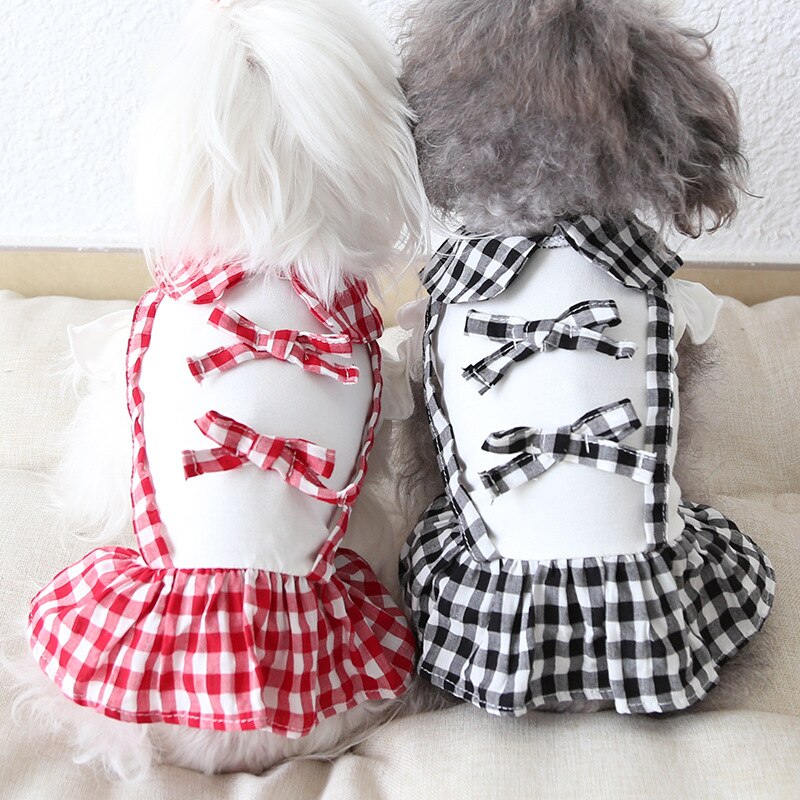 Cartoon Bowknot Pet Dog Clothes Plaid Princess Dress for Dogs Sweet Simple Fashion Spring Summer Cute Soft red Girl Ropa Para daiiibabyyy
