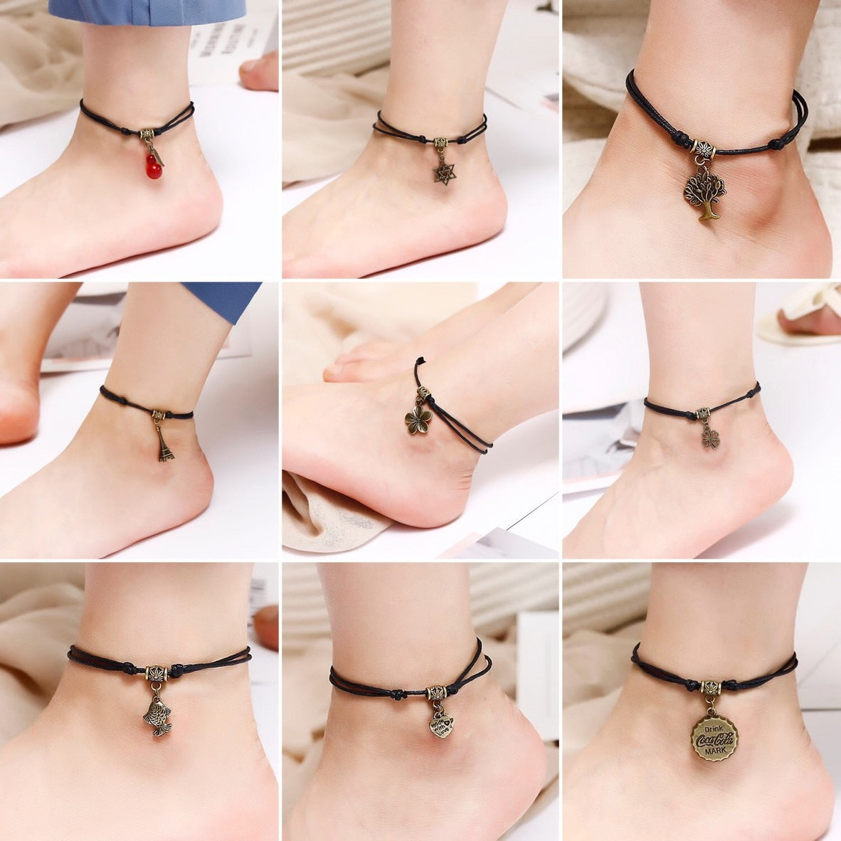 Bohemia Butterfly Heart Tree Tower Pendant Ankle for Women Black Rope Bracelets on Leg Choker Ankles Sandal China Jewelry Gift daiiibabyyy