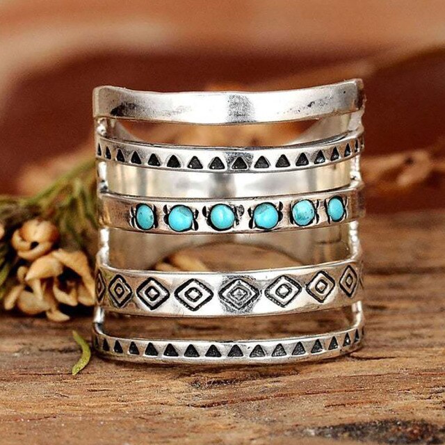 Antique Symbols Pattern Mosaic Stone Hollow Geometric Ring Jewelry for Women Wide Ring Band Finger Joint Ring Accessories Gift daiiibabyyy