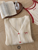 DAIIIBABYYY  -  Women's V-neck Long-sleeved Bow Single-breasted Sweater Cardigan Jackets + Off-shoulder Sleeveless Camisole Tops Two-piece Set