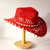 Daiiibabyyy  Women's Red Crochet Cowboy Hat, Handmade Straw Cowgirl Hat with Cowrie Shells, Wide Brim Hollow Knit Sun Hat, Bohemian Western H