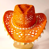 Daiiibabyyy  Women's Red Crochet Cowboy Hat, Handmade Straw Cowgirl Hat with Cowrie Shells, Wide Brim Hollow Knit Sun Hat, Bohemian Western H