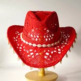 Daiiibabyyy  Women's Red Crochet Cowboy Hat, Handmade Straw Cowgirl Hat with Cowrie Shells, Wide Brim Hollow Knit Sun Hat, Bohemian Western H