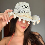 Daiiibabyyy  Women's Red Crochet Cowboy Hat, Handmade Straw Cowgirl Hat with Cowrie Shells, Wide Brim Hollow Knit Sun Hat, Bohemian Western H
