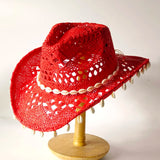 Daiiibabyyy  Women's Red Crochet Cowboy Hat, Handmade Straw Cowgirl Hat with Cowrie Shells, Wide Brim Hollow Knit Sun Hat, Bohemian Western H