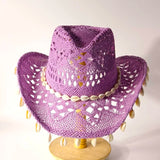Daiiibabyyy  Women's Red Crochet Cowboy Hat, Handmade Straw Cowgirl Hat with Cowrie Shells, Wide Brim Hollow Knit Sun Hat, Bohemian Western H
