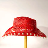 Daiiibabyyy  Women's Red Crochet Cowboy Hat, Handmade Straw Cowgirl Hat with Cowrie Shells, Wide Brim Hollow Knit Sun Hat, Bohemian Western H