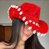 Daiiibabyyy  Women's Red Crochet Cowboy Hat, Handmade Straw Cowgirl Hat with Cowrie Shells, Wide Brim Hollow Knit Sun Hat, Bohemian Western H