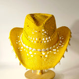 Daiiibabyyy  Women's Red Crochet Cowboy Hat, Handmade Straw Cowgirl Hat with Cowrie Shells, Wide Brim Hollow Knit Sun Hat, Bohemian Western H
