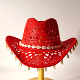 Daiiibabyyy  Women's Red Crochet Cowboy Hat, Handmade Straw Cowgirl Hat with Cowrie Shells, Wide Brim Hollow Knit Sun Hat, Bohemian Western H