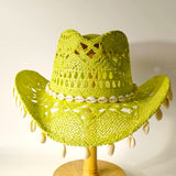 Daiiibabyyy  Women's Red Crochet Cowboy Hat, Handmade Straw Cowgirl Hat with Cowrie Shells, Wide Brim Hollow Knit Sun Hat, Bohemian Western H