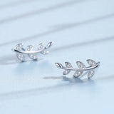Daiiibabyyy 925 Sterling Silver Authentic Spring Leaf Leaves Clear CZ Zircon Stud Earrings for Women Fashion Earrings Jewelry Gift