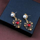 Daiiibabyyy -  Korean Trendy Red Crystal Stone Dangle Earrings Simple Vintage Gothic Pearl Heart Hanging Earrings Ear Drop Jewelry New