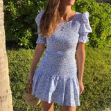 Daiiibabyyy  blue floral Printed Ruffle Mini Dress Smocked puff sleeves cute summer dress round neck sexy women dress