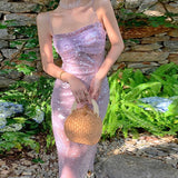 Daiiibabyyy French Sexy Sequins Backless Sling Shiny Dress Women Summer Midi Sheath Party Nightclub Purple Dress New