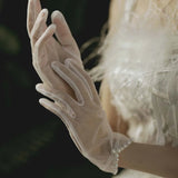DAIIIBABYYY  -  Short White Pearls Bow Wedding Bridal Lady Finger Gloves Summer Hand-made Transparent Tulle Gloves