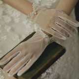 DAIIIBABYYY  -  Short White Pearls Bow Wedding Bridal Lady Finger Gloves Summer Hand-made Transparent Tulle Gloves