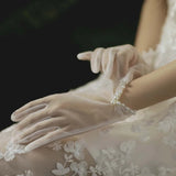 DAIIIBABYYY  -  Short White Pearls Bow Wedding Bridal Lady Finger Gloves Summer Hand-made Transparent Tulle Gloves