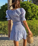 Daiiibabyyy  blue floral Printed Ruffle Mini Dress Smocked puff sleeves cute summer dress round neck sexy women dress