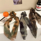 DAIIIBABYYY  -  New Chiffon Tie dye Print Long Hair Ribbon Scrunchies Elastic Hair Bands Women Girls Bow Ponytail Holder Hair Ties Accessories