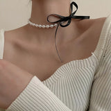 Daiiibabyyy Goth Pearl Choker Necklace Black Velvet Bow Pendants Women Jewelry on The Neck Chain Beads Necklace Chocker Collar for Girl Kpop