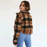Daiiibabyyy Faux Fur Coat Women Autumn Winter Casual Warm Soft Zipper Jacket Overcoat Plaid Turn Down Collar Teddy Female Clothing
