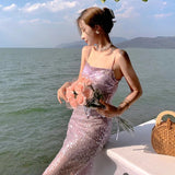 Daiiibabyyy French Sexy Sequins Backless Sling Shiny Dress Women Summer Midi Sheath Party Nightclub Purple Dress New