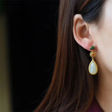 Daiiibabyyy  Gold Color Hetian Jade Earrings for Women Girl Gift Trendy Cheongsam Design Jewelry Dropship
