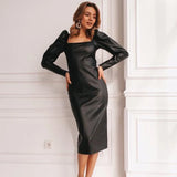 Daiiibabyyy French Square Collar Puff Sleeve Bodycon Dress Women Sexy Black Elegant Slim Wrap Dress Party Fashion Pu Leather