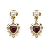 Daiiibabyyy -  Korean Trendy Red Crystal Stone Dangle Earrings Simple Vintage Gothic Pearl Heart Hanging Earrings Ear Drop Jewelry New