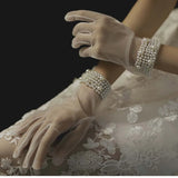 DAIIIBABYYY  -  Short White Pearls Bow Wedding Bridal Lady Finger Gloves Summer Hand-made Transparent Tulle Gloves