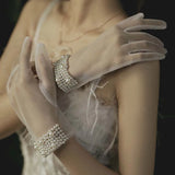 DAIIIBABYYY  -  Short White Pearls Bow Wedding Bridal Lady Finger Gloves Summer Hand-made Transparent Tulle Gloves
