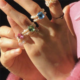 Daiiibabyyy  Kpop Fashion Shiny Colorful Crystal Handmade Braided Imitation Pearl Aesthetic Rings for Women Party Wedding Jewelry Gifts