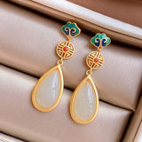 Daiiibabyyy  Gold Color Hetian Jade Earrings for Women Girl Gift Trendy Cheongsam Design Jewelry Dropship