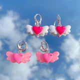 Daiiibabyyy  Y2K Accessories Peach Heart Crystal Wing Earrings Harajuku Kawaii Aesthetic Pink Earring for Women 2000s Fashion Jewelry Korean