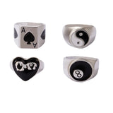 Daiiibabyyy 4Pcs Punk Poker Billiards Rings for Women Funny Goth Kpop Flame Anillos Hip Hop Silver Korean Fashion Male Couple Gift Jewelry