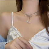 Daiiibabyyy -  Simple Sweet Titanium Steel Clavicle Chain Female Bow Pearl  Necklace Ins Temperament Choker for Women Jewelry Gifts