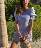 Daiiibabyyy  blue floral Printed Ruffle Mini Dress Smocked puff sleeves cute summer dress round neck sexy women dress