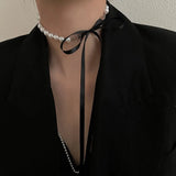 Daiiibabyyy Goth Pearl Choker Necklace Black Velvet Bow Pendants Women Jewelry on The Neck Chain Beads Necklace Chocker Collar for Girl Kpop