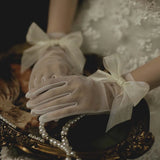 DAIIIBABYYY  -  Short White Pearls Bow Wedding Bridal Lady Finger Gloves Summer Hand-made Transparent Tulle Gloves