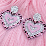 Daiiibabyyy  Y2k Accessories Pink Leopard Print Shiny Peach Heart Dangle Earrings for Women Egirl Aesthetic Harajuku Kawaii 2000s Earrings