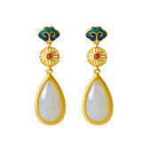 Daiiibabyyy  Gold Color Hetian Jade Earrings for Women Girl Gift Trendy Cheongsam Design Jewelry Dropship