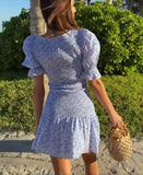 Daiiibabyyy  blue floral Printed Ruffle Mini Dress Smocked puff sleeves cute summer dress round neck sexy women dress