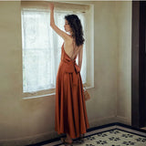 Daiiibabyyy Sexy Sling v-Neck Long Dress Summer A-Line Backless Back Cross Bow-knot Satin Women Party Club Bar Dress New