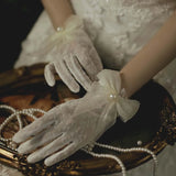 DAIIIBABYYY  -  Short White Pearls Bow Wedding Bridal Lady Finger Gloves Summer Hand-made Transparent Tulle Gloves