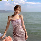Daiiibabyyy French Sexy Sequins Backless Sling Shiny Dress Women Summer Midi Sheath Party Nightclub Purple Dress New